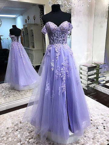 Off Shoulder Lavender Lace Long Prom Dresses, Lilac Lace Formal Dresses, Purple Evening Dresses SP2168