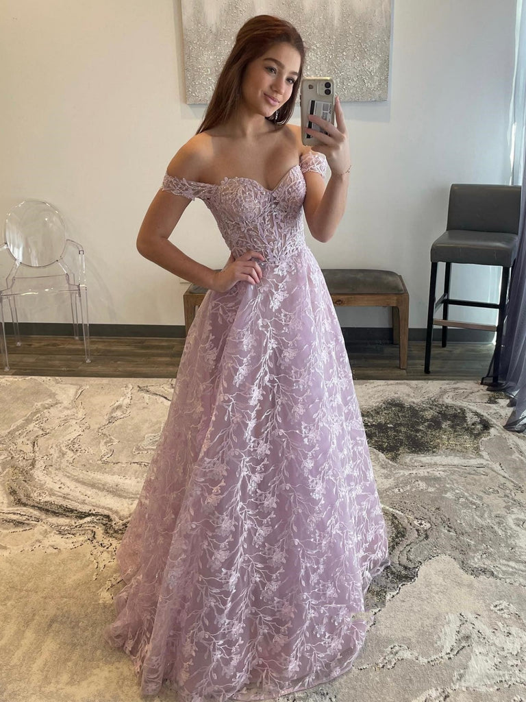 Off Shoulder Lilac Lace Long Prom Dresses, Off the Shoulder Formal Dre