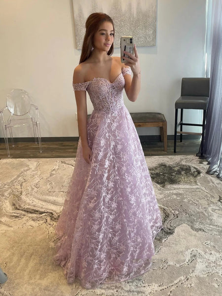 Off Shoulder Lilac Lace Long Prom Dresses, Off the Shoulder Formal Dresses, Lilac Evening Dresses SP2638