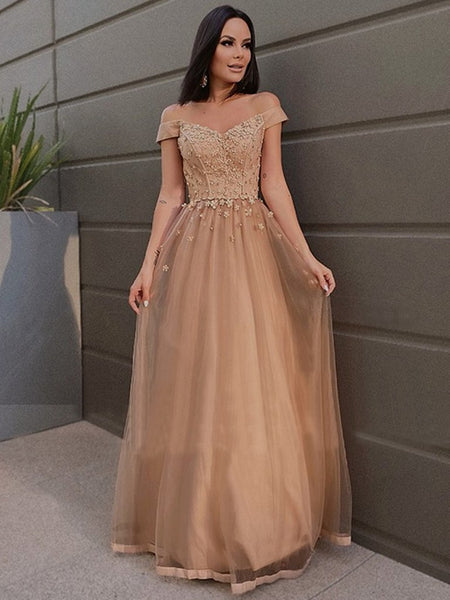 Off Shoulder Long Champagne Tulle Lace Prom Dresses, Off the Shoulder Champagne Formal Dresses, Champagne Lace Evening Dresses