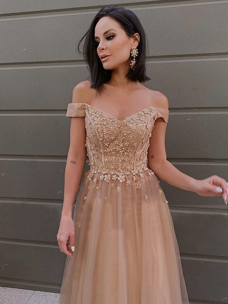 Off Shoulder Long Champagne Tulle Lace Prom Dresses, Off the Shoulder Champagne Formal Dresses, Champagne Lace Evening Dresses