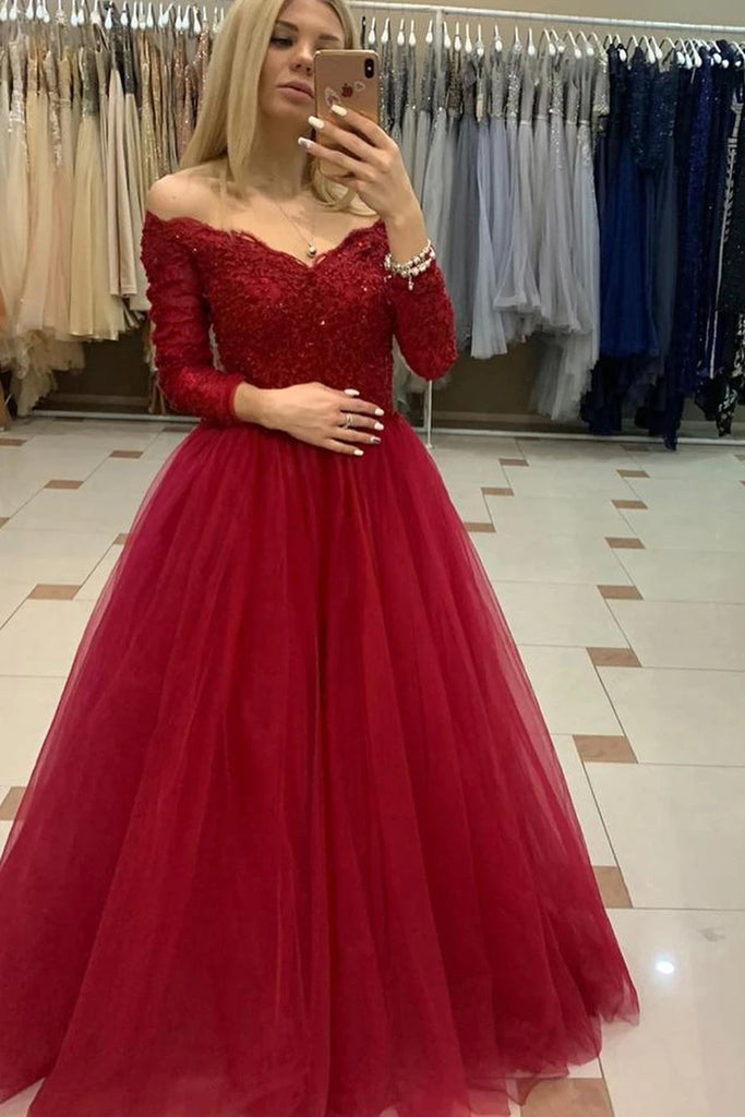 Wine Red Princess Ball Gown, Lace Long Sleeves, Evening Dress. | Princess ball  gowns, Prom dresses ball gown, Ball gowns prom