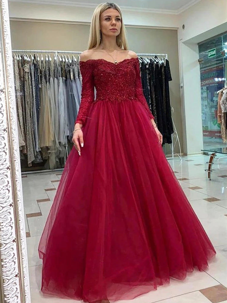 Off Shoulder Long Sleeves Burgundy Lace Prom Dresses, Long Sleeves Bur Shiny Party Off Shoulder Long Sleeves Burgundy Lace Prom Dresses, Long Sleeves Bur Shiny Party