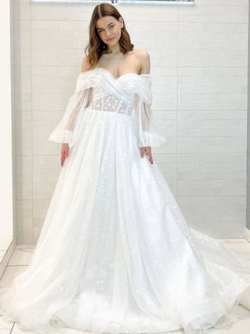 Off Shoulder Long Sleeves White Tulle Prom Dresses, Floral White Wedding Dresses, White Formal Evening Dresses SP2492