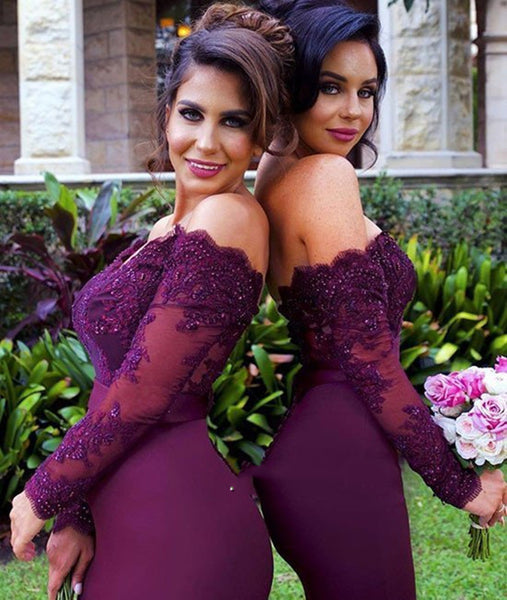 Off Shoulder Maroon Long Sleeves Mermaid Lace Prom Dresses, Burgundy L