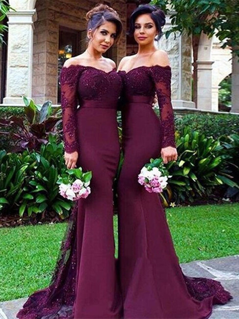Off Shoulder Maroon Long Sleeves Mermaid Lace Prom Dresses, Burgundy Lace Bridesmaid Dresses, Formal Dresses Off Shoulder Maroon Long Sleeves Mermaid Lace Prom Dresses, Burgundy Lace Bridesmaid Dresses, Formal Dresses