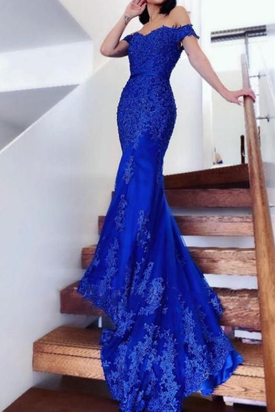 Off Shoulder Mermaid Blue Lace Long Prom Dresses, Blue Lace Formal Dresses, Mermaid Blue Evening Dresses SP2253