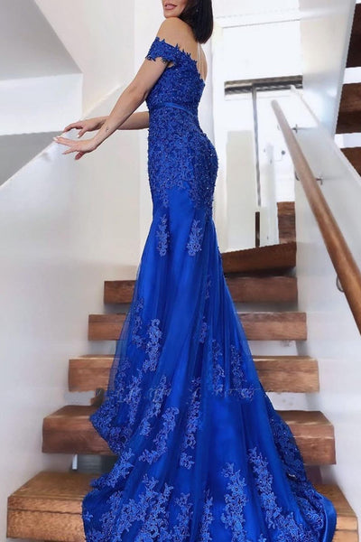 Off Shoulder Mermaid Blue Lace Long Prom Dresses, Blue Lace Formal Dresses, Mermaid Blue Evening Dresses SP2253