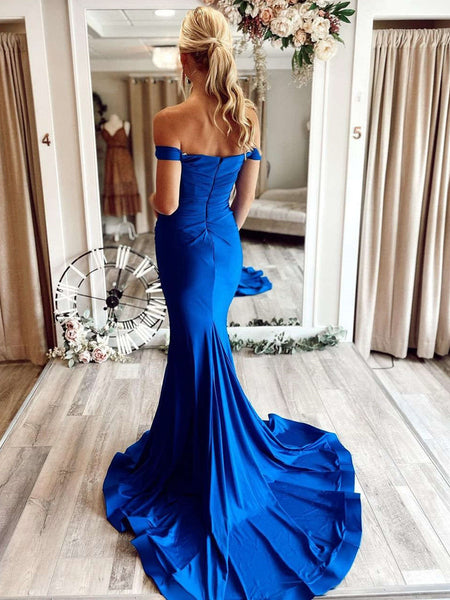 Off Shoulder Mermaid Blue Long Prom Dresses, Mermaid Blue Formal Dresses, Blue Evening Dresses SP2338