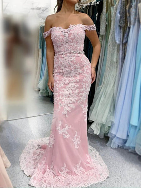 Off Shoulder Mermaid Pink Lace Long Prom Dresses, Mermaid Pink Formal Evening Dresses, Pink Lace Bridesmaid Dresses SP2269