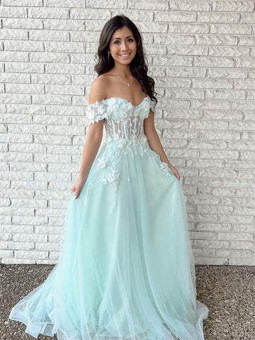 Off Shoulder Mint Green Tulle Lace Floral Long Prom Dresses, Mint Green Formal Graduation Evening Dresses with Appliques SP2208