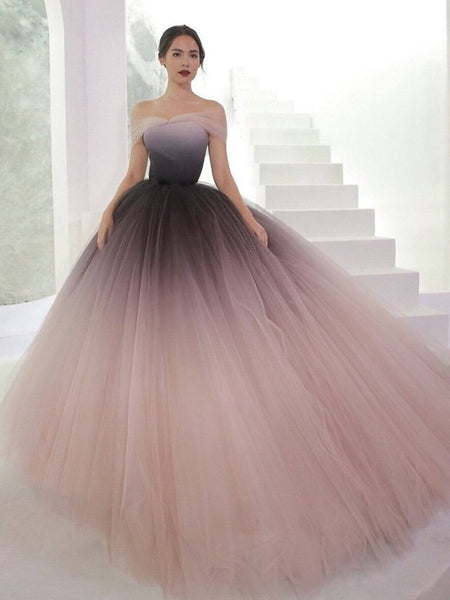 Off Shoulder Ombre Tulle Long Prom Gown, Ombre Tulle Formal Prom Evening Dresses