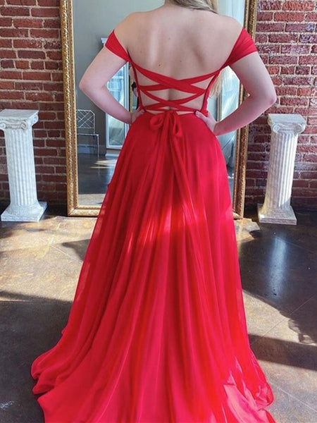 Off Shoulder Open Back Red Long Prom Dresses with High Slit, Off the Shoulder Red Formal Dresses, Red Evening Dresses