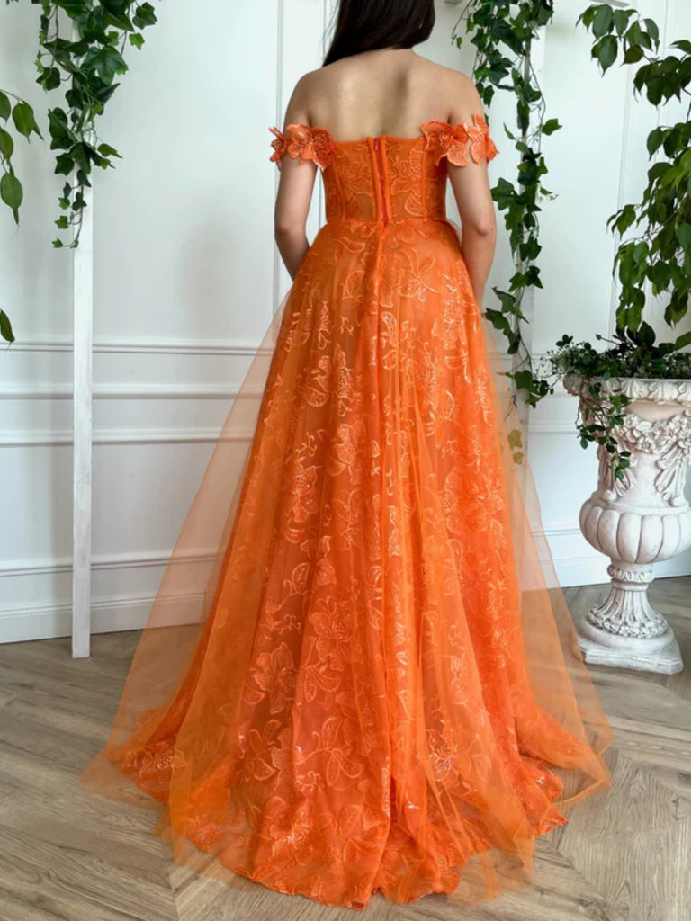 Off Shoulder Orange Lace Long Prom Dresses with High Slit, Off the Sho Shiny Party Off Shoulder Orange Lace Long Prom Dresses with High Slit, Off the Sho Shiny Party