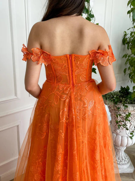 Off Shoulder Orange Lace Long Prom Dresses with High Slit, Off the Shoulder Orange Formal Dresses, Orange Lace Evening Dresses SP2656