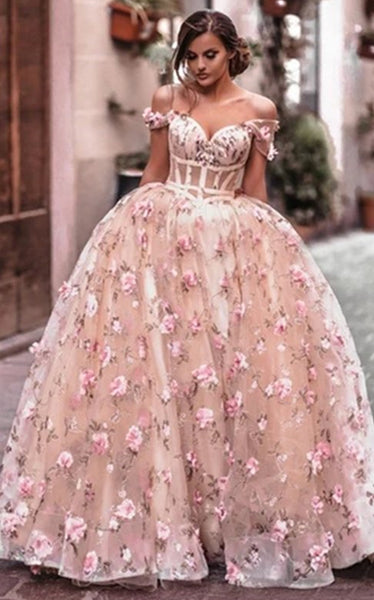 Off Shoulder Pink Floral Long Prom Dresses, Off the Shoulder Pink Formal Dresses, Pink Evening Dresses