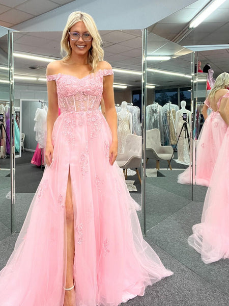 Off Shoulder Pink Lace Long Prom Dresses with High Slit, Pink Lace Formal Dresses, Off the Shoulder Pink Evening Dresses SP2556