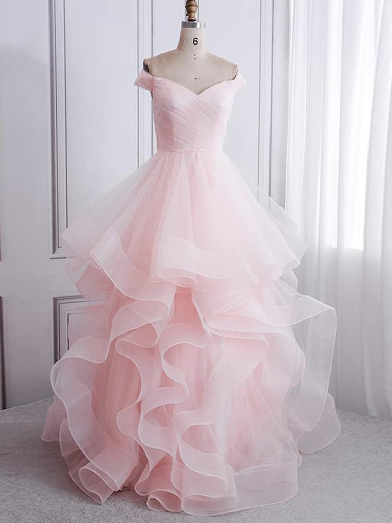 Off Shoulder Pink Long Prom Dresses, Fluffy Pink Formal Evening Dresses, Ball Gown Off Shoulder Pink Long Prom Dresses, Fluffy Pink Formal Evening Dresses, Ball Gown