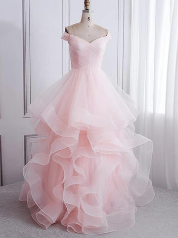 Off Shoulder Pink Long Prom Dresses, Fluffy Pink Formal Evening Dresses, Ball Gown