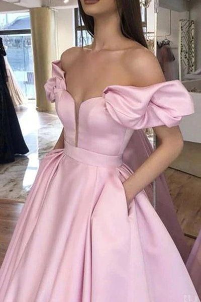 Off Shoulder Pink Satin Long Prom Dresses, Off the Shoulder Pink Formal Dresses, Pink Evening Dresses SP2320