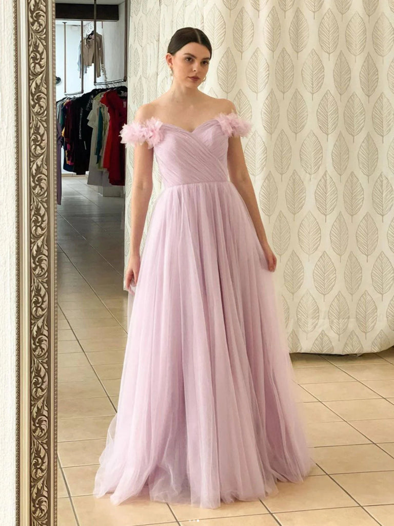 Off Shoulder Pink Tulle Long Prom Dresses, Long Pink Formal Graduation Evening Dresses SP2560