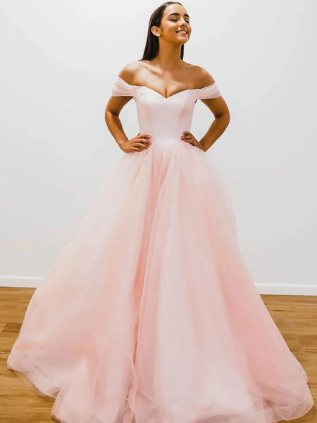 Off Shoulder Pink Tulle Long Prom Dresses, Pink Tulle Formal Graduation Evening Dresses SP2414