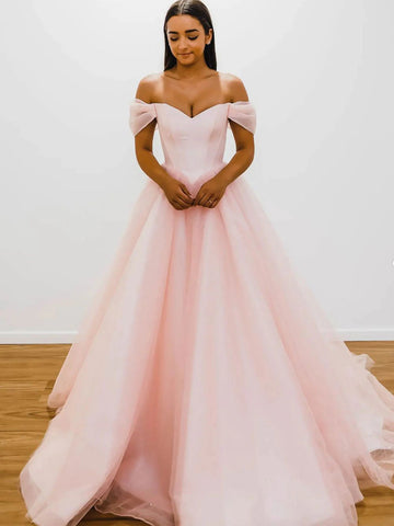 Off Shoulder Pink Tulle Long Prom Dresses, Pink Tulle Formal Graduation Evening Dresses SP2414