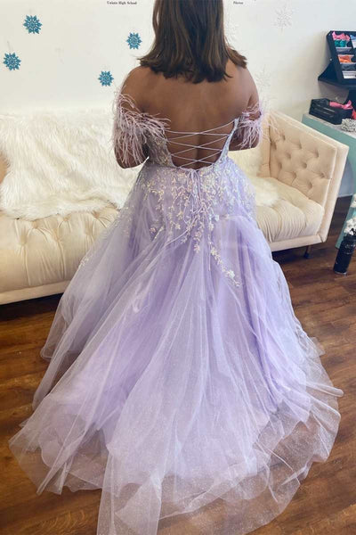 Off Shoulder Purple Lace Long Prom Dresses, Off the Shoulder Lilac Formal Dresses, Purple Evening Dresses SP2674