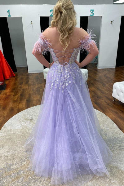 Off Shoulder Purple Lace Long Prom Dresses, Off the Shoulder Lilac Formal Dresses, Purple Evening Dresses SP2674
