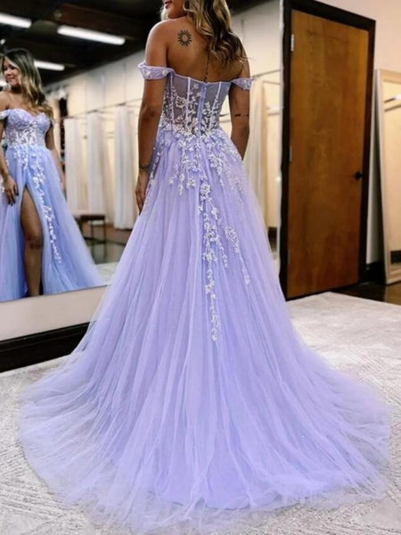 Off Shoulder Purple Lace Long Prom Dresses with High Slit, Purple Lace Formal Dresses, Purple Evening Dresses SP2574