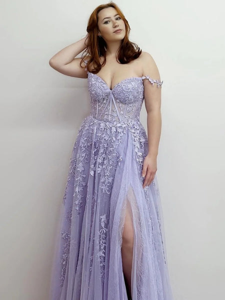 Off Shoulder Purple Lace Long Prom Dresses with High Slit, Purple Lace Formal Dresses, Purple Evening Dresses SP2641