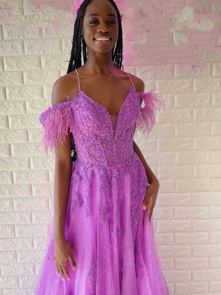 Off Shoulder Purple Lace Long Prom Dresses with High Slit, Purple Lace Formal Dresses, Purple Evening Dresses SP2606