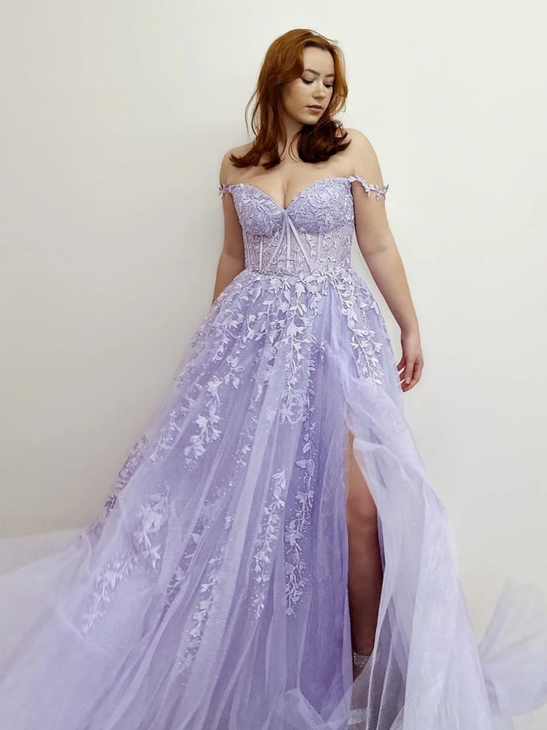 Off Shoulder Purple Lace Long Prom Dresses with High Slit, Purple Lace Formal Dresses, Purple Evening Dresses SP2641