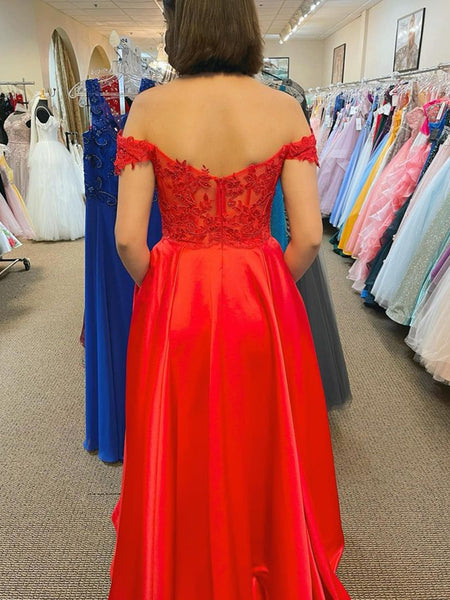 Off Shoulder Red Lace Long Prom Dresses with High Slit, Red Lace Formal Dresses, Red Evening Dresses SP2379