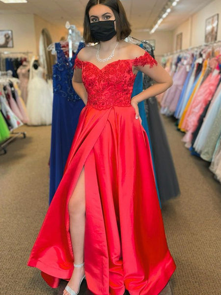 Off Shoulder Red Lace Long Prom Dresses with High Slit, Red Lace Formal Dresses, Red Evening Dresses SP2379