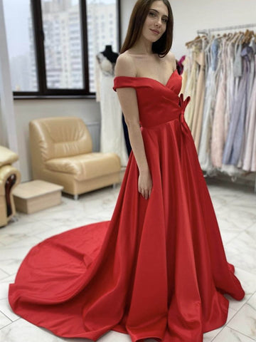 Off Shoulder Red Satin Long Prom Dresses, Off the Shoulder Red Formal Dresses, Red Evening Dresses