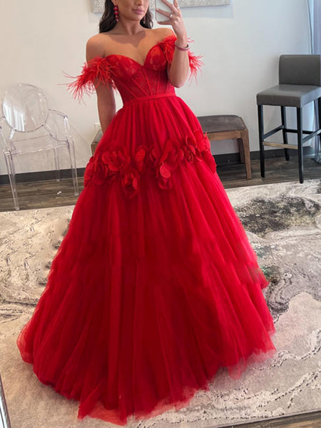 Off Shoulder Red Tulle Floral Long Prom Dresses, Off the Shoulder Formal Evening Dresses, Red Ball Gown SP2631