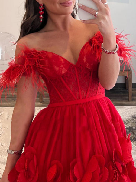 Off Shoulder Red Tulle Floral Long Prom Dresses, Off the Shoulder Formal Evening Dresses, Red Ball Gown SP2631