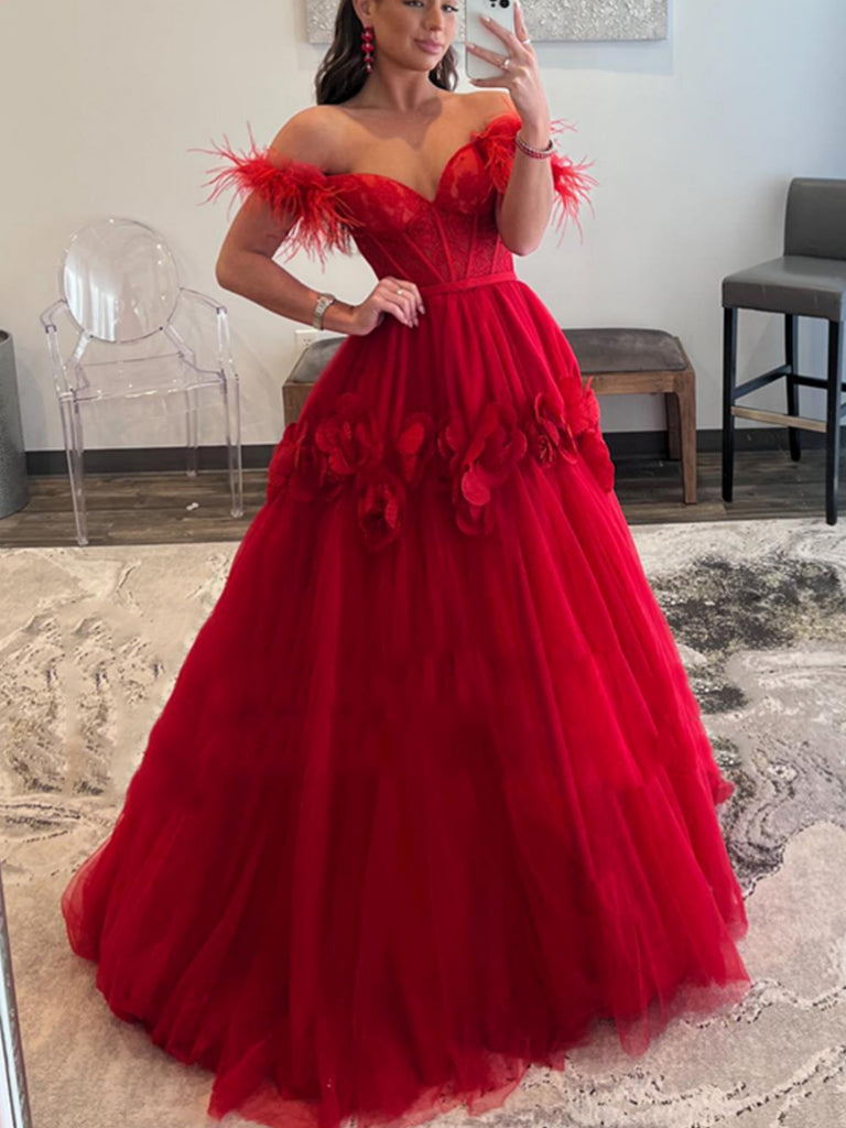 Off Shoulder Red Tulle Floral Long Prom Dresses, Off the Shoulder Form Shiny Party Off Shoulder Red Tulle Floral Long Prom Dresses, Off the Shoulder Form Shiny Party