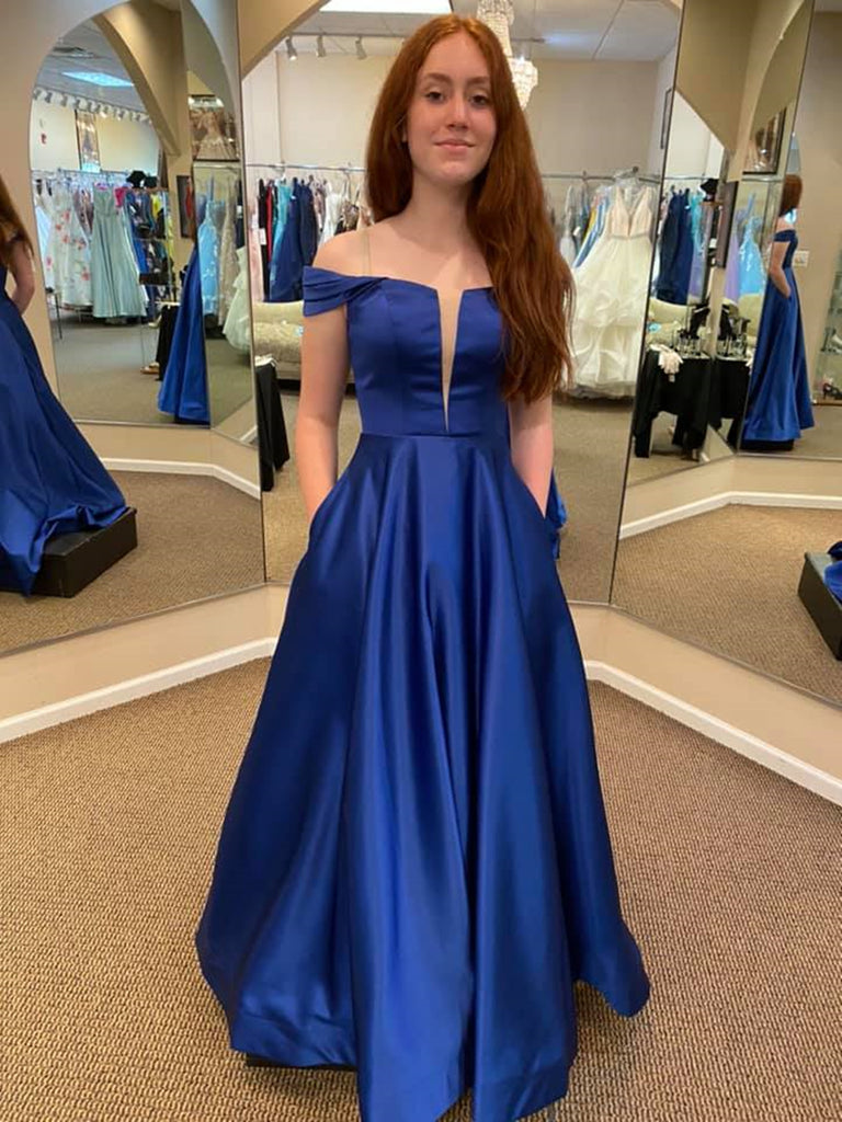 Off Shoulder Royal Blue Satin Long Prom Dresses with Pocket, Long Roya Shiny Party Off Shoulder Royal Blue Satin Long Prom Dresses with Pocket, Long Roya Shiny Party