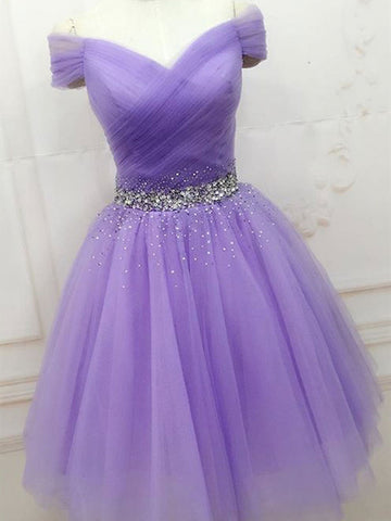 Off Shoulder Short Beaded Purple Prom Dresses, Off Shoulder Purple Formal Graduation Homecoming Dresses