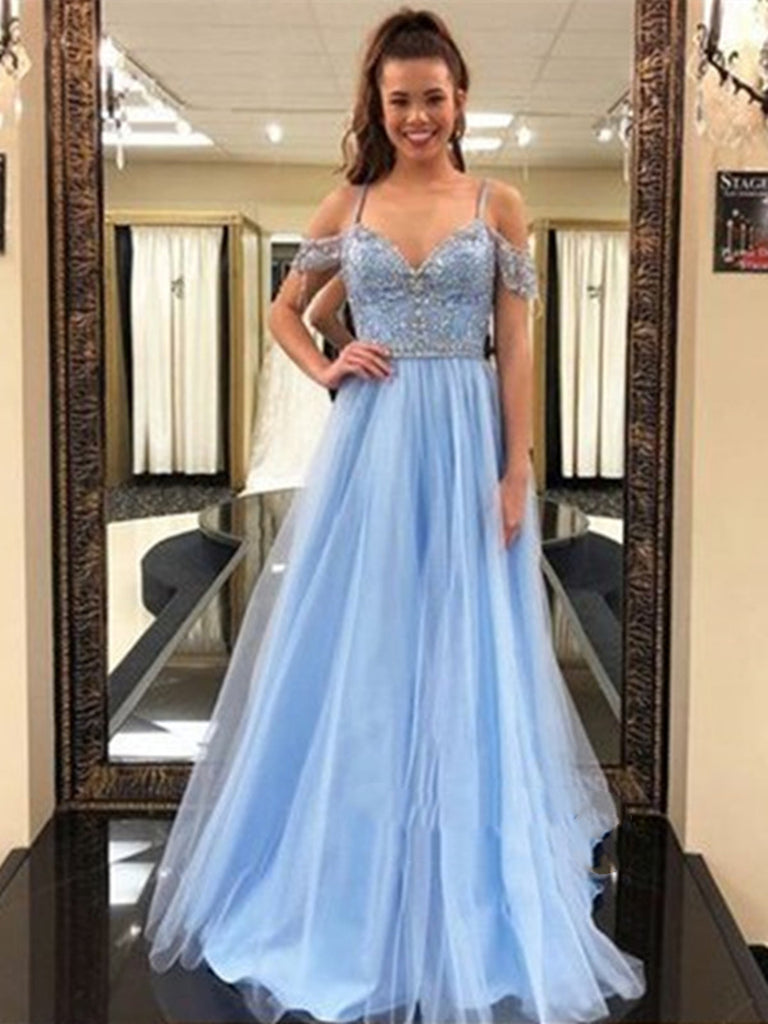 Off Shoulder Tulle Light Blue Prom Dress, Light Blue Formal Dress, Off Shiny Party Off Shoulder Tulle Light Blue Prom Dress, Light Blue Formal Dress, Off Shiny Party