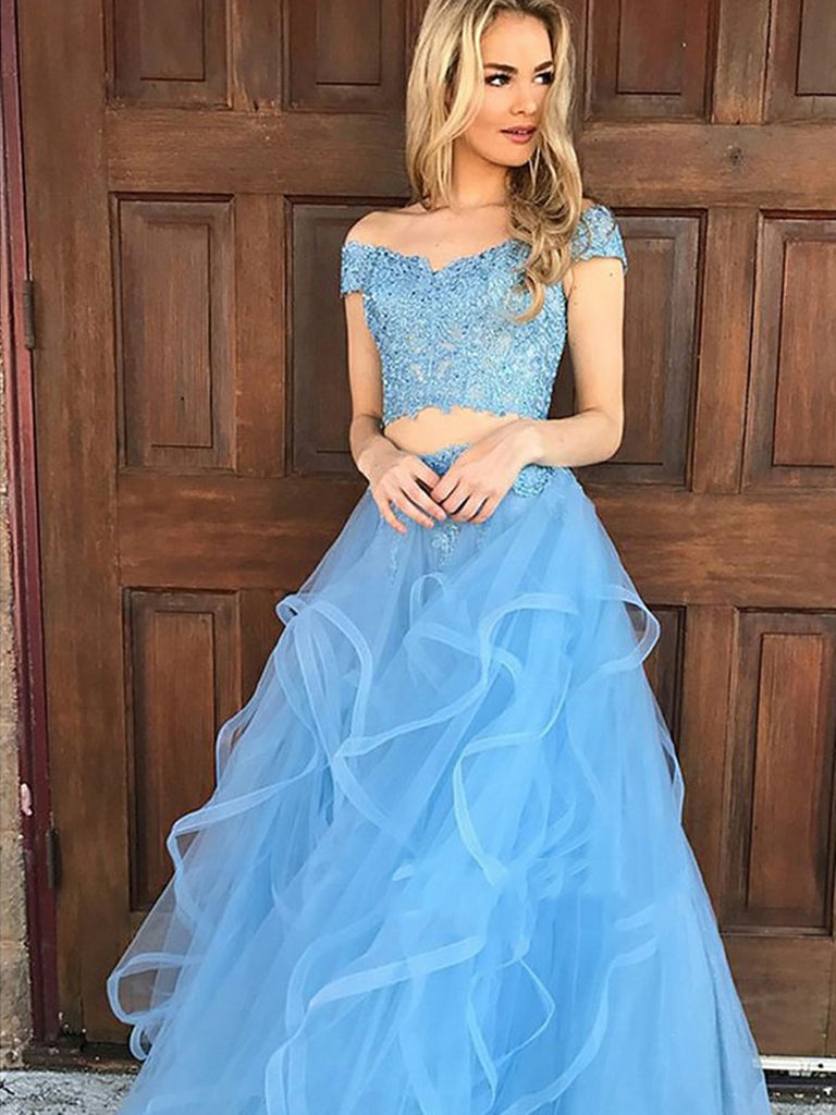 Off Shoulder Two Pieces Lace Blue Prom Dress, Off Shoulder Prom Gown