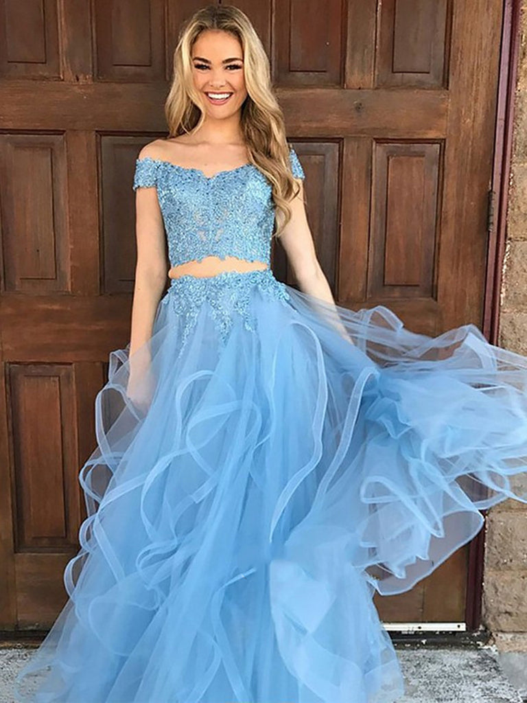 Off Shoulder Two Pieces Lace Blue Prom Dress, Off Shoulder Prom Gown
