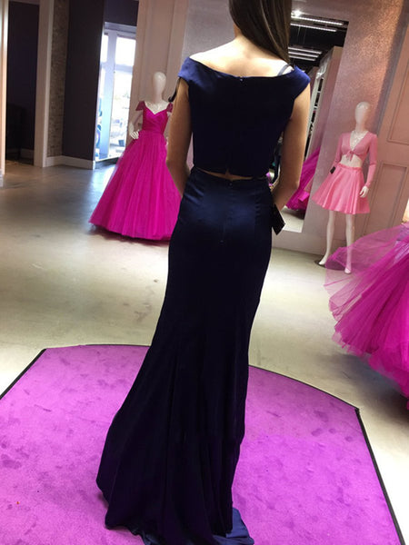 Off Shoulder Two Pieces Navy Blue Prom Dresses, Navy Blue Formal Dresses, Evening Dresses