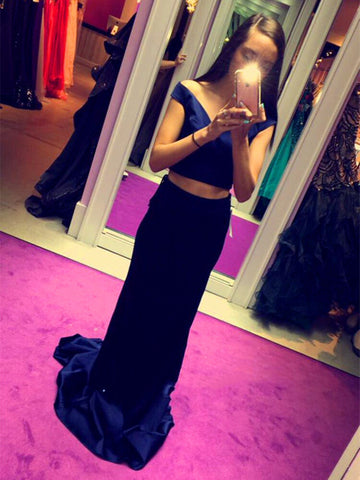 Off Shoulder Two Pieces Navy Blue Prom Dresses, Navy Blue Formal Dresses, Evening Dresses