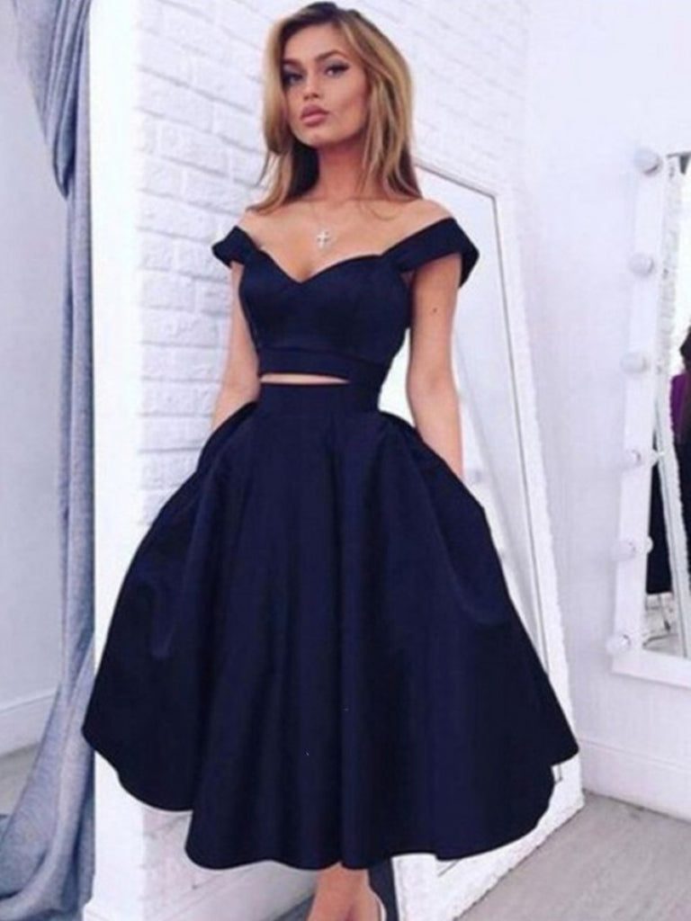 Off Shoulder Two Pieces Puffy Navy Blue Prom Dresses, Navy Blue Homecoming Dresses