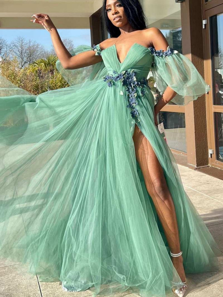 Off Shoulder V Neck Green Tulle Floral Long Prom Dresses with High Sli Shiny Party Off Shoulder V Neck Green Tulle Floral Long Prom Dresses with High Sli Shiny Party