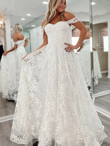 Off Shoulder White Lace Long Prom Dresses, White Lace Wedding Dresses, Long White Formal Evening Dresses SP2639