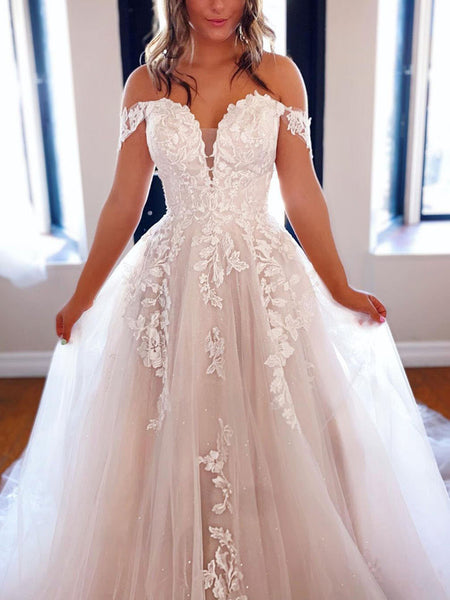 Off Shoulder White Lace Long Prom Dresses with Train, White Lace Wedding Dresses, White Tulle Formal Evening Dresses SP2273